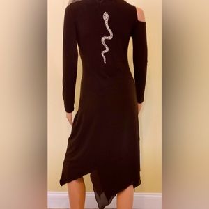 Made in Italy asymmetrical cold shoulder dress with snake embellishment, S